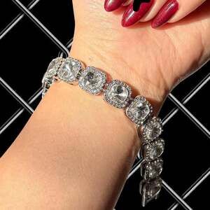 CZ Stainless Silver Square Pave Link Bracelet